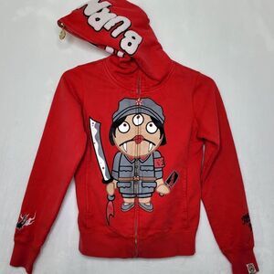 Devil Nut Under Red Flag Burning Embroidered Heavyweight Hoodie Size XS